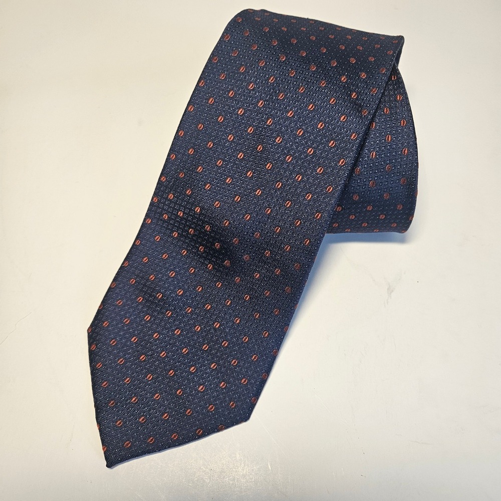 JOE Joseph Abboud Mens Silk Necktie Navy Blue Orange Geometric Dot Pattern Tie